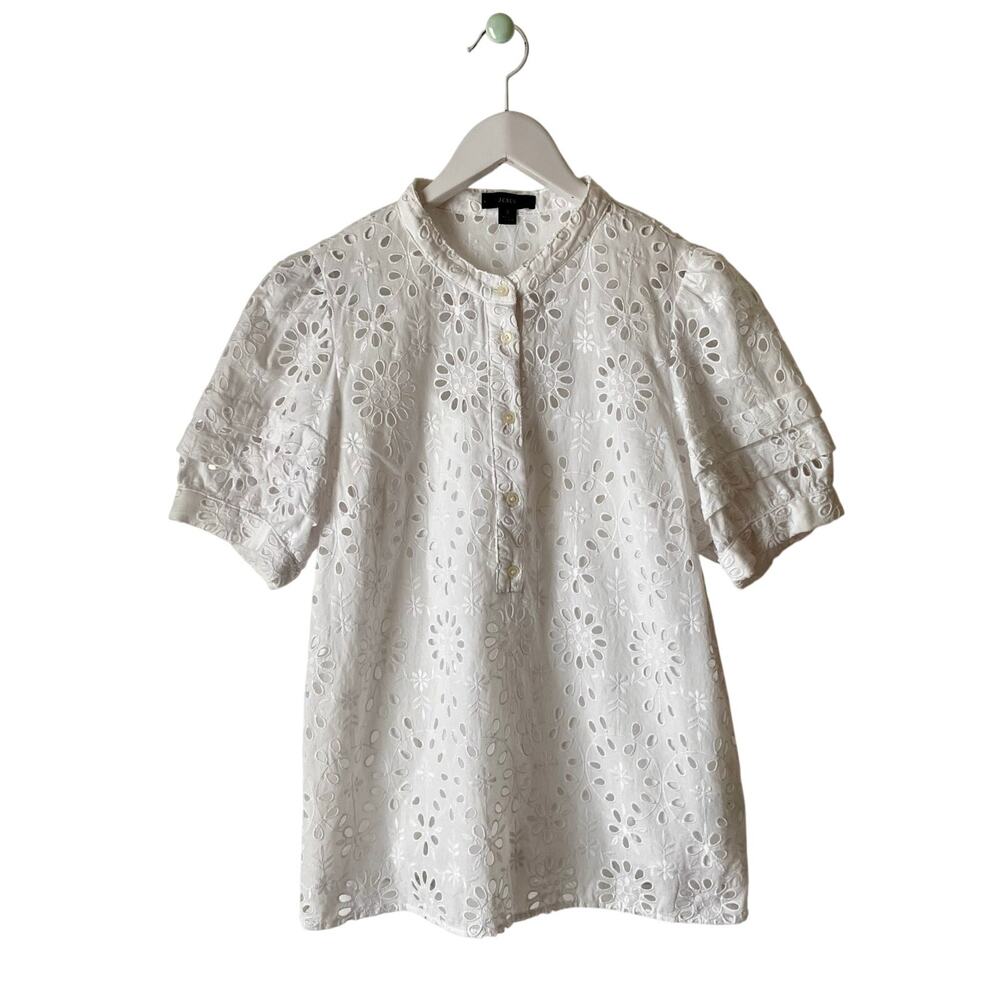 J. Crew White Puff-Sleeve Popover Eyelet Top Size Small